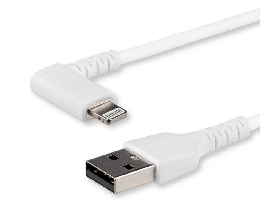 STARTECH CHARGE & SYNC CABLE LIGHTNING MFI (RIGHT ANGLED) TO USB-A 6FT HEAVY DUTY RUGGED ARAMID FIBER – WHITE