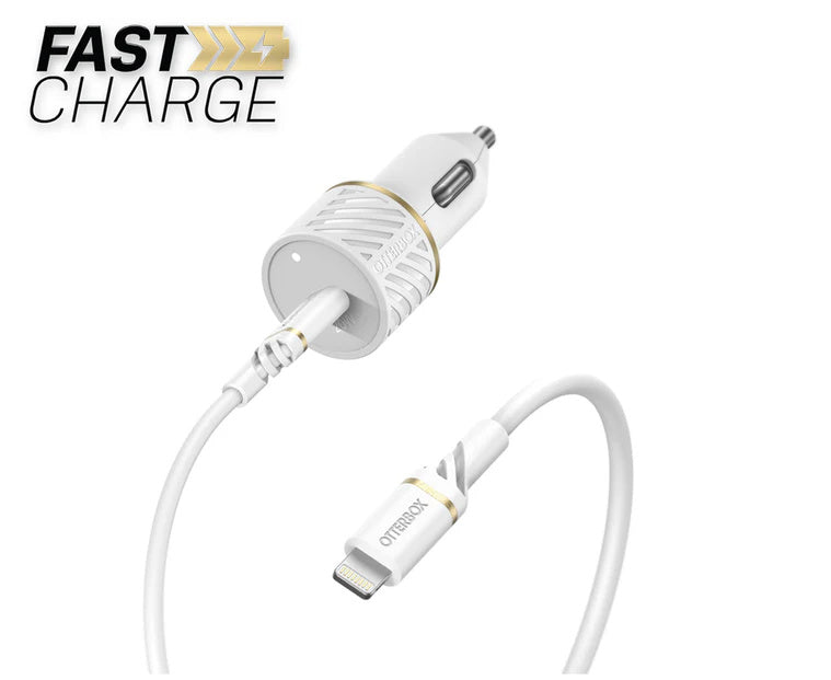 Otterbox Fast Charge Car Charger USB-C 20W w/ Lightning Cable 3.3 ft - White