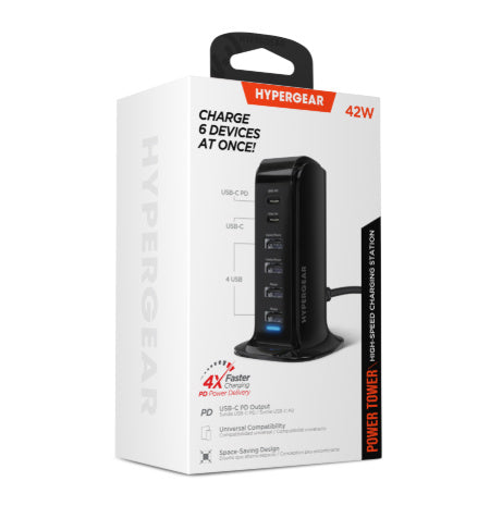 HyperGear charging Station 42W 4x USB-A 2x USB-C Fast Charger - Black