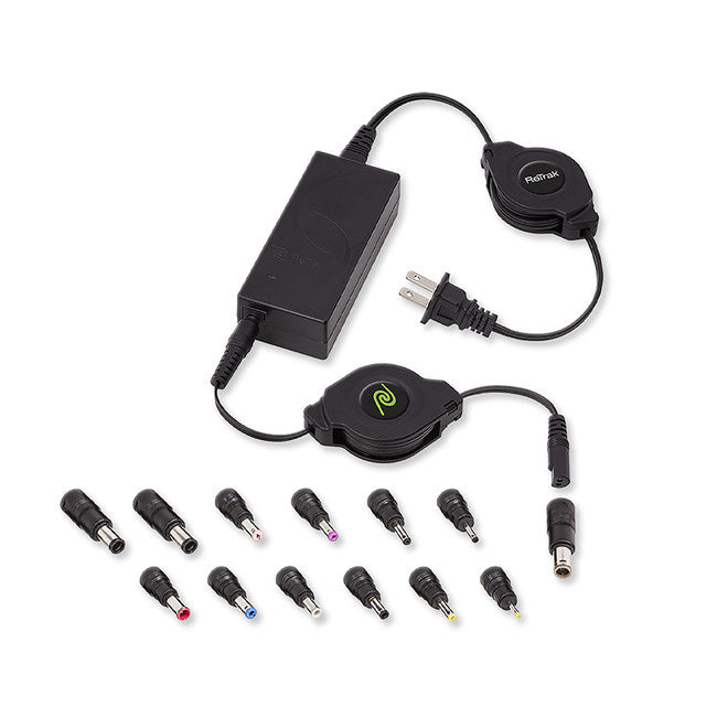 Helix/Retrak - Universal Retractable Laptop Charger with 13 Adapter Tips 65W Black